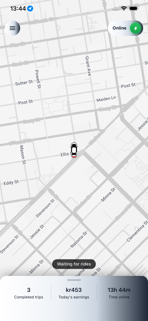 Het echte Online-scherm van de chauffeursapp, met de kaart en Waiting for rides